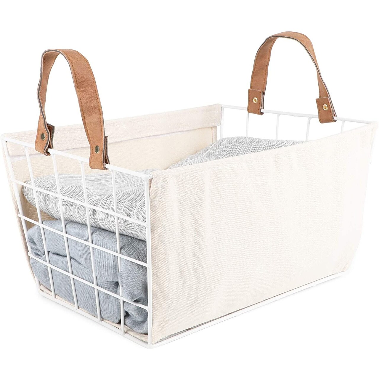 Metal Wire Storage Basket with Liner, Farmhouse Home Storage (13.1 x 9.75 x 7 in)